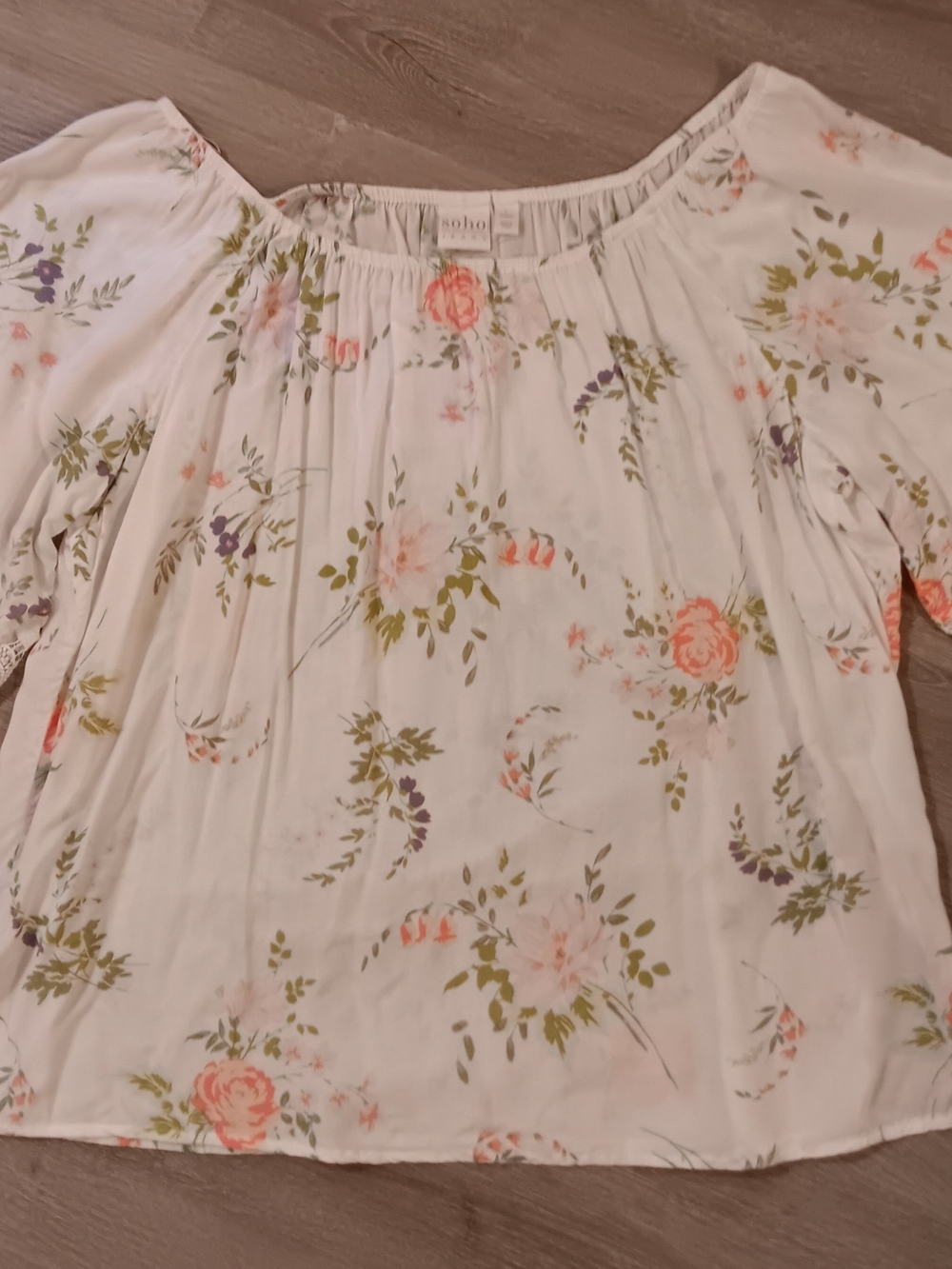 Soho White Floral Off-Shoulder Peasant Blouse with Pink and Green